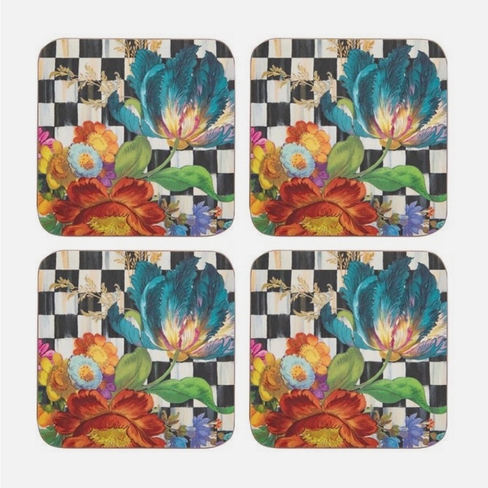 Mackenzie Childs courtly flower market Floral and Checkered Coasters Set of 4
